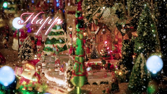 新年快乐的文字排版设计在红色与圣诞村的玩具场景和小雕像的溜冰者在雪的背景下-特写视图-新年和圣诞活动的概念视频下载