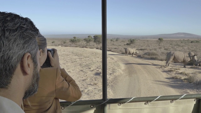 一对夫妇在南非拍摄犀牛照片，摇拍视频素材