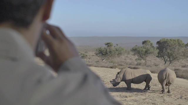 近距离看，男人用手机给犀牛拍照视频素材