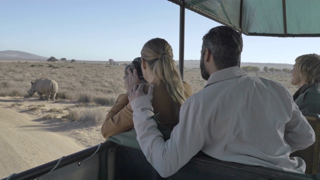 潘离开后，一对夫妇在南非拍摄野生犀牛的照片视频素材