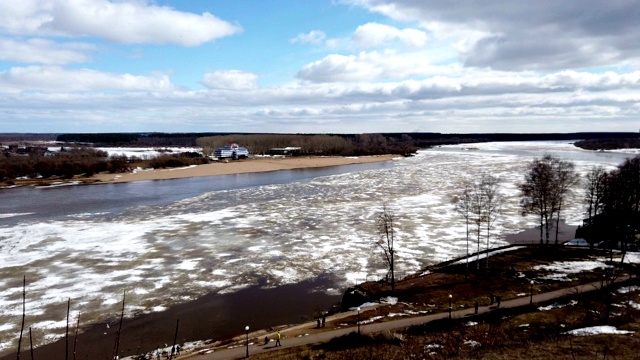 在阳光明媚的日子里，这条河在春天结冰的景色视频素材