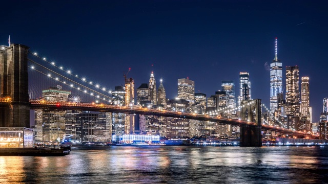 T/L WS ZO下曼哈顿和布鲁克林大桥的夜晚/纽约市，美国视频素材