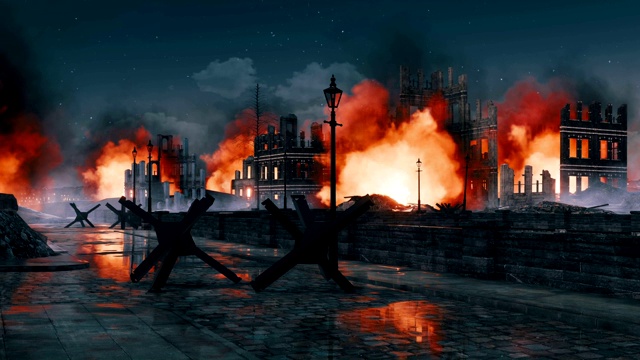 战争结束后在夜晚烧毁了城市的废墟视频素材