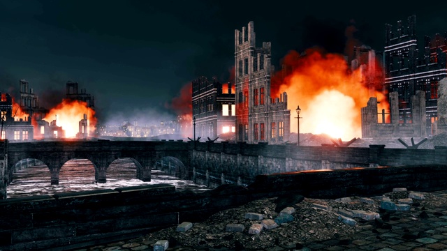 在二战后欧洲城市的夜晚，燃烧的建筑废墟被摧毁视频素材