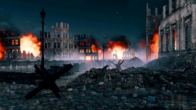 战后欧洲城市夜晚的街垒被毁视频素材