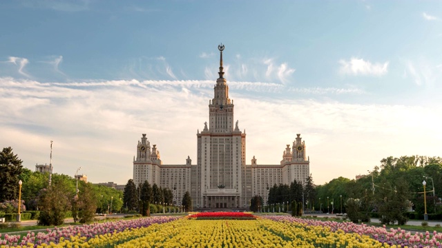 俄罗斯莫斯科时间流逝4K，城市天际线时间流逝在莫斯科国立大学视频素材