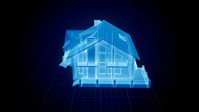 在蓝色基调的网格上建造全息房屋视频素材