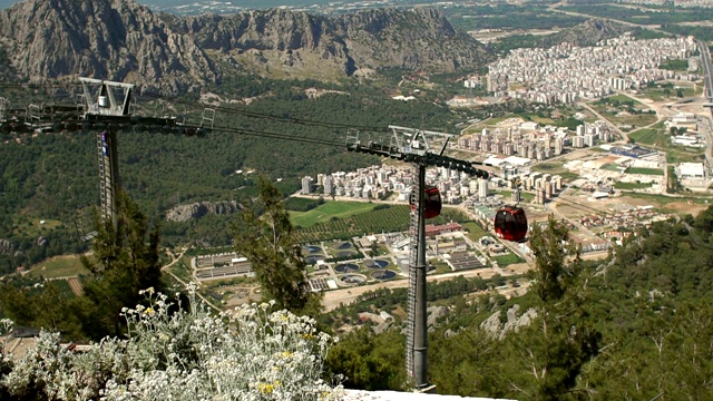 缆车以山脉和城市为背景。视频素材