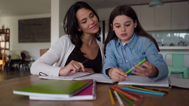 专心的女儿和妈妈在笔记本上写作业视频素材