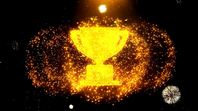 奖杯奖杯图标上的烟花显示爆炸粒子。视频下载