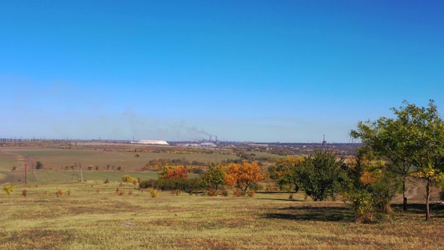 秋天的农田和树木在烟雾的背景下视频素材
