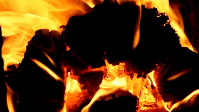 在黑色背景的壁炉里燃烧着火焰视频素材