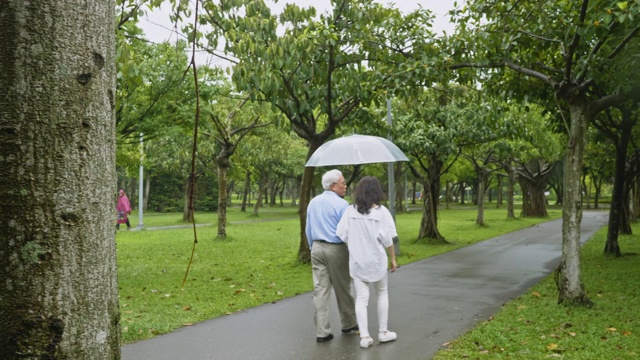 一对年老的亚洲夫妇在台北公园撑伞散步视频素材