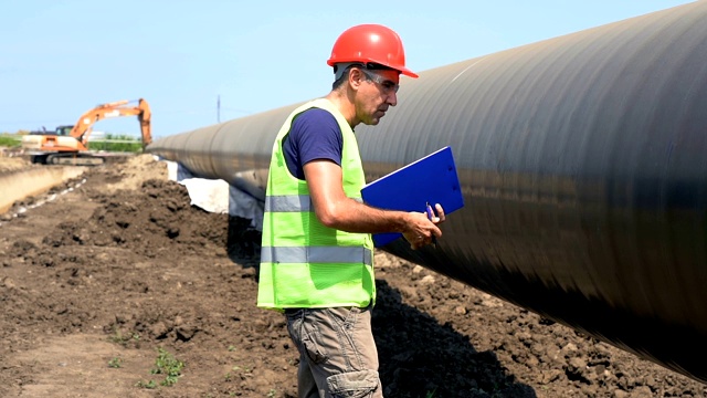 在石油和天然气管道施工现场，工程师在剪贴板上慢动作书写。视频下载