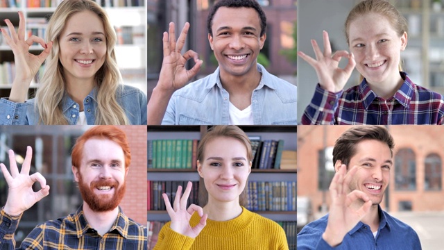 年轻人用手做赞许手势的拼贴画视频素材