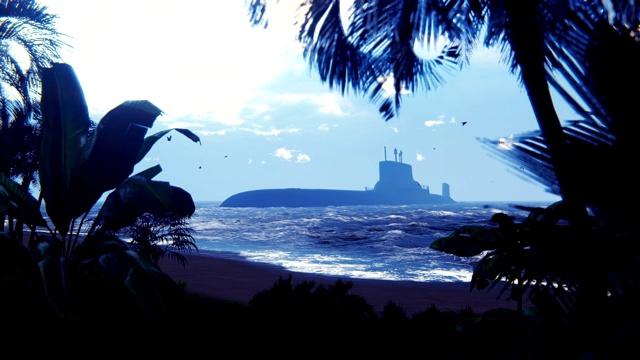 一艘军用核潜艇的剪影在一个废弃的热带岛屿附近。美丽的毛圈背景。视频下载