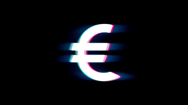 Glitch复古动画上的URO欧洲货币符号。视频素材