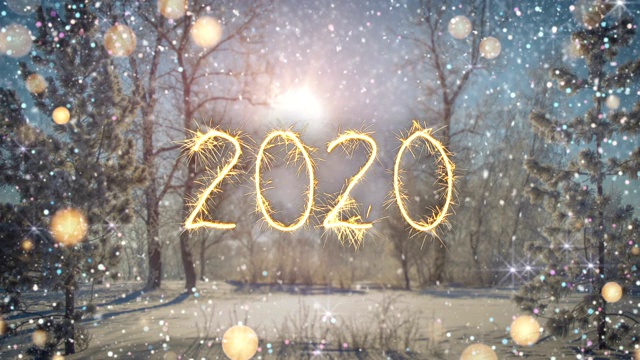 Sparkler文字2020在冬季森林无缝循环3D渲染动画视频下载