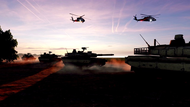 军用坦克和军用直升机在日落时分行进在战场上。视频素材