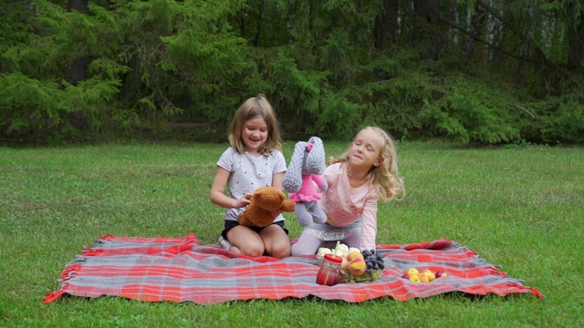 两个小女孩在野餐时玩玩具视频下载