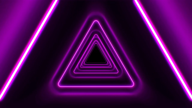 美丽的三角形隧道与霓虹灯线移动快。紫色的明亮的颜色。背景未来隧道与发光的灯。循环3d动画艺术概念。视频下载
