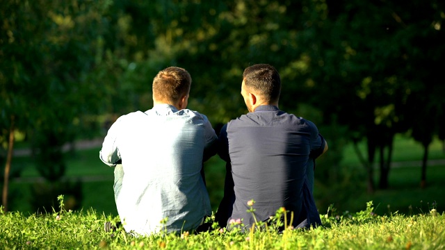 后视图男人聊天和放松在阳光公园，闲暇时间与朋友视频素材