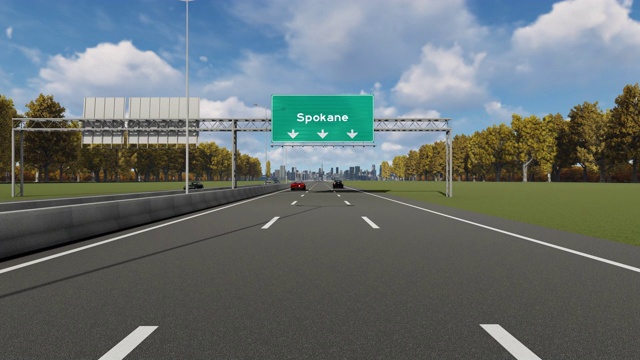 高速公路上指示美国华盛顿州斯波坎市入口的指示牌视频下载