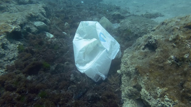 塑料污染，鱼游过覆盖着大量塑料垃圾的底部。欧洲地中海海床上的塑料瓶、塑料袋和盘子。视频素材