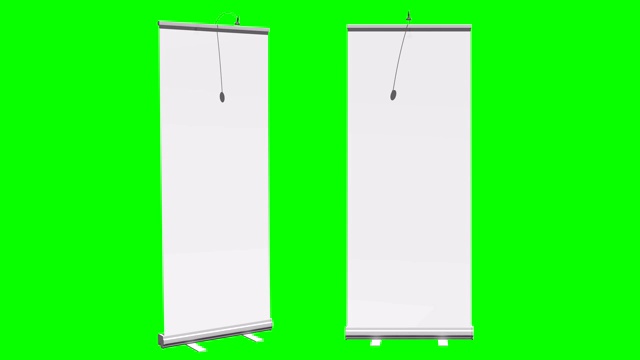 Blank Roll Up Banner Stand。贸易展展位空白。3d运动图形上的绿色屏幕色度键背景。视频下载