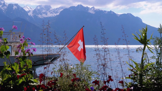 瑞士国旗上的背景，高山和鲜花日内瓦湖附近视频素材