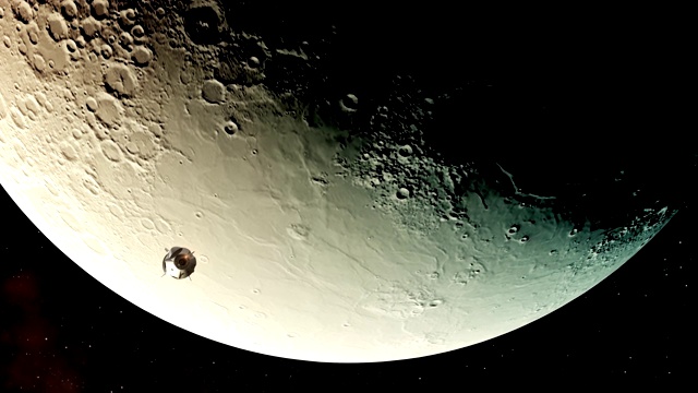 4 k。商业航天器在月球背景上的飞行。视频素材