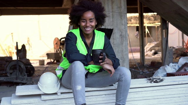 微笑的女工程师拿着咖啡在建筑工地视频素材