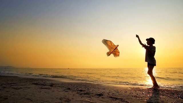 电影的稳定镜头拍摄的小男孩玩风筝在海滩上与夕阳照耀，慢动作视频素材