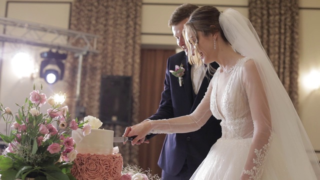 新娘和新郎正在切结婚蛋糕。新婚夫妇切一块蛋糕视频下载