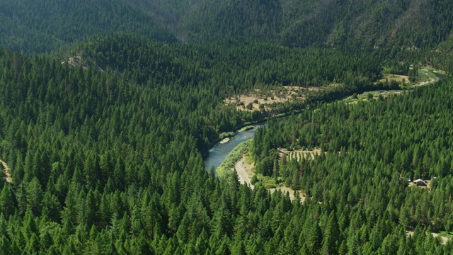 克拉马斯河蜿蜒穿过茂密的森林-鸟瞰图视频素材