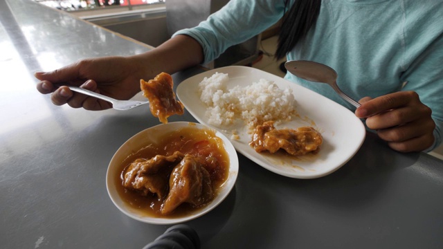部分的观点，一个年轻的女人吃猪肉牛排和米饭在桌子上。视频下载