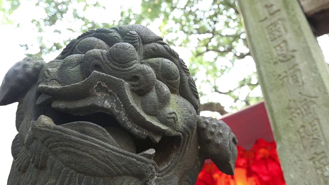 台北市一座台湾庙宇前的古石狮视频下载