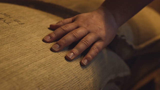 工厂工人触摸咖啡豆袋的手视频下载