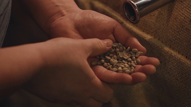 工人从麻袋里取出咖啡豆的特写视频素材
