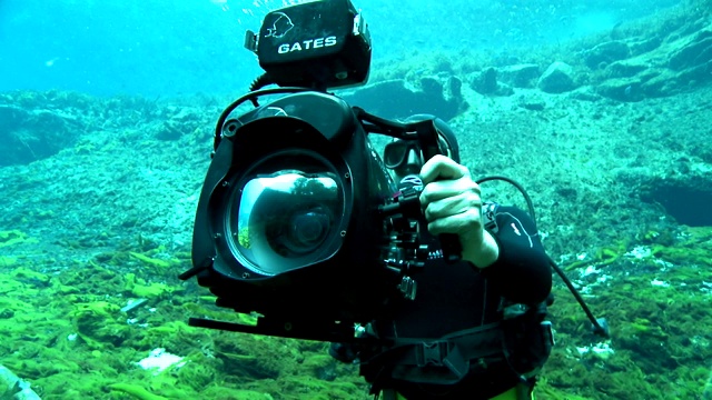 一位水下摄影师在佛罗里达的银泉慢慢地拍摄纯净的海水。视频下载