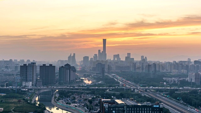 夕阳下的北京CBD天际线视频素材