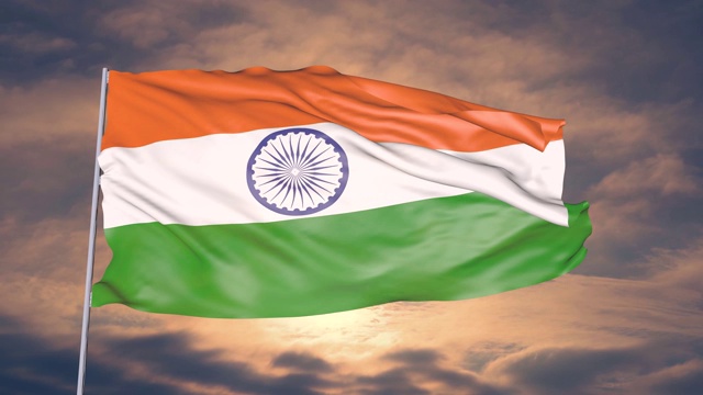 在太阳和云的天空下，印度国旗的动画视频素材