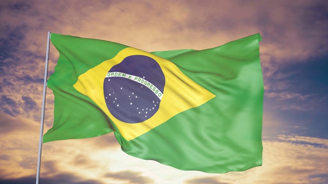 在太阳和云彩的天空下，巴西国旗的动画视频素材
