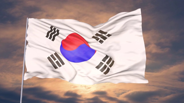 动画韩国国旗对着天空的太阳和云视频素材