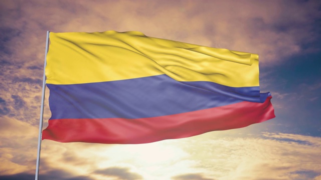 在太阳和云彩的天空下，哥伦比亚国旗的动画视频素材