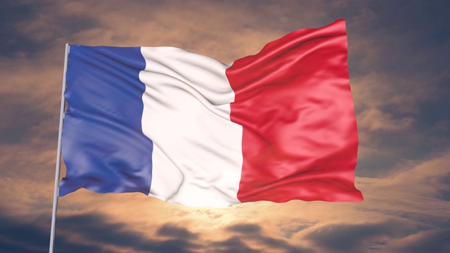 动画的法国国旗对抗天空的太阳和云视频素材