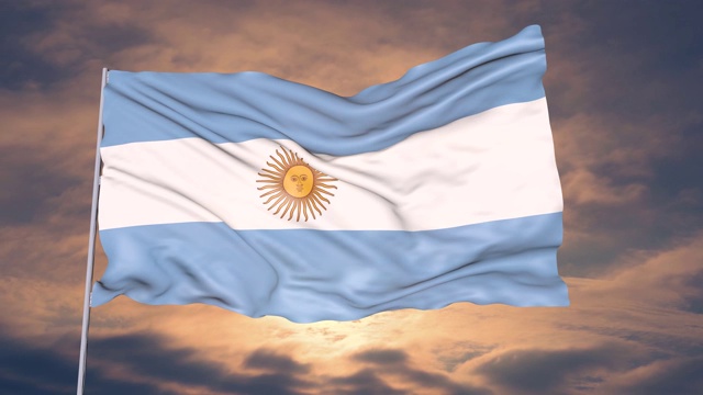 在太阳和云彩的天空下，阿根廷国旗的动画视频素材