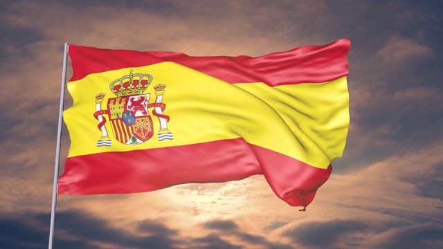 西班牙国旗的动画对抗天空的太阳和云视频素材