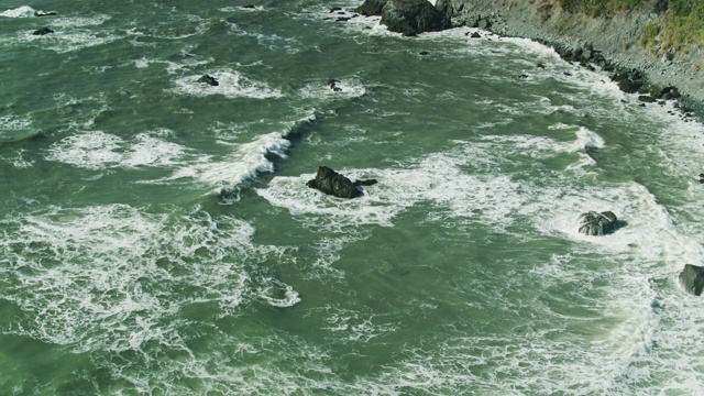 在红杉树下向上倾斜的太平洋海浪航拍视频素材