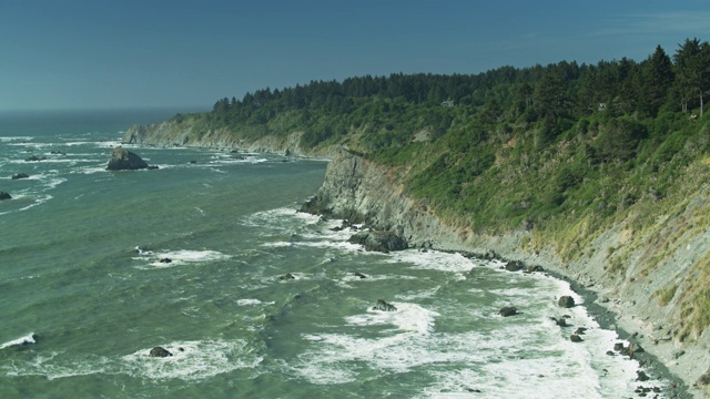 海浪冲击北加州红杉下的悬崖-无人机拍摄视频素材